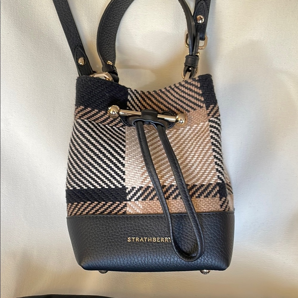Strathberry Osette Leather Bag with Black and Tan Plaid